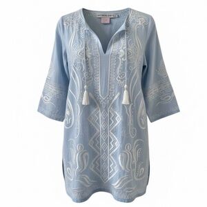 Gretchen Scott Light Blue with White Embroidery 3/4 Sleeve Tunic Top Size XXS